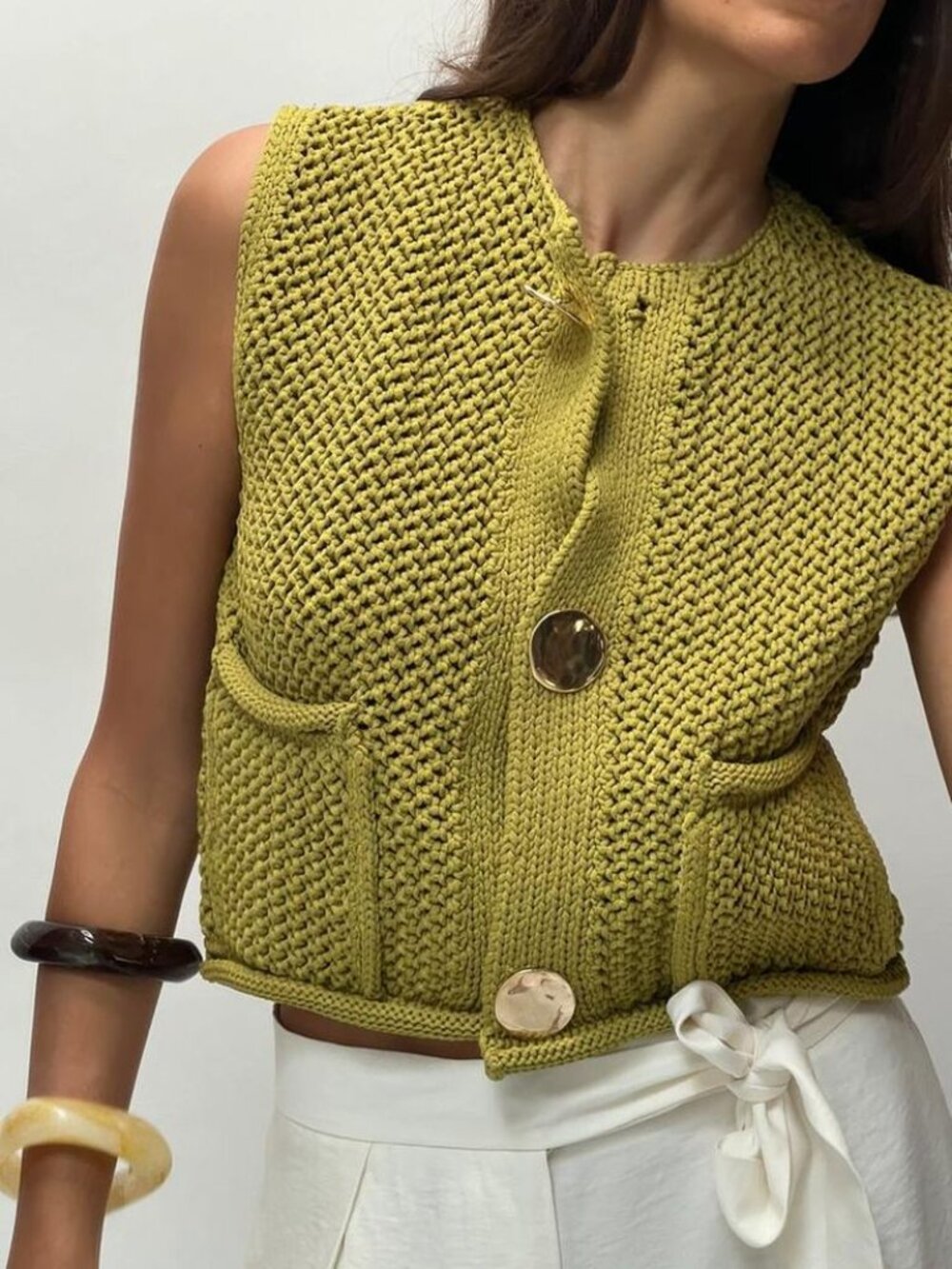 Zara Knit Buttoned Vest in Green